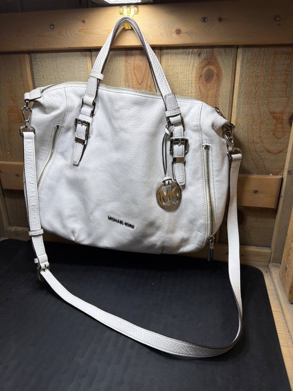 Michael Kors White Pebble Leather Large Satchel Crossbody Shoulder Bag Womens